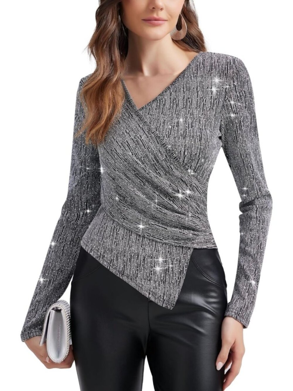Women's Silver Grey V Neck Glitter Sparkly Blouse Long Sleeve Cocktail Party Top